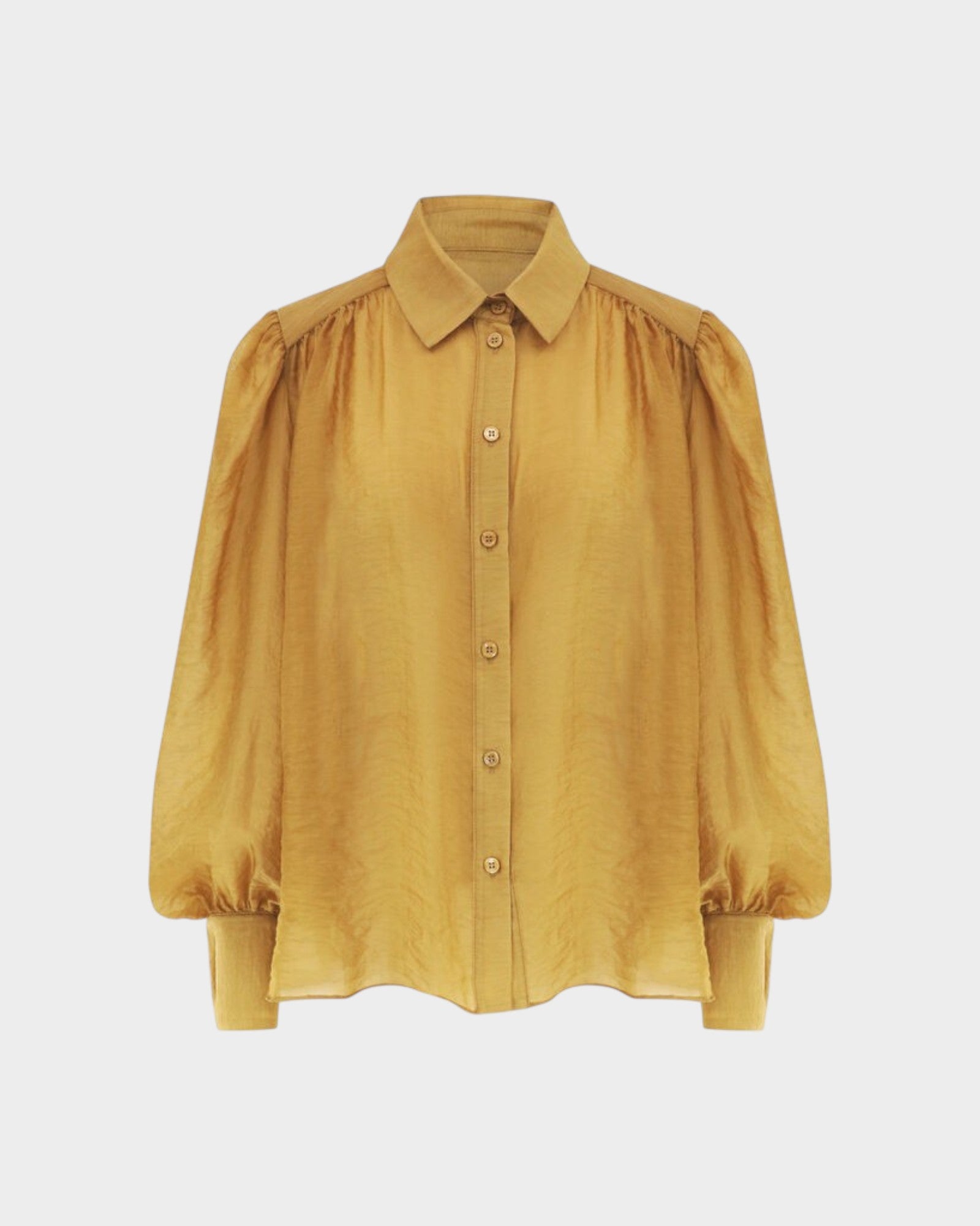 JONES + CO gold sheer crinkled texture button-up shirt with voluminous sleeves and pointed collar