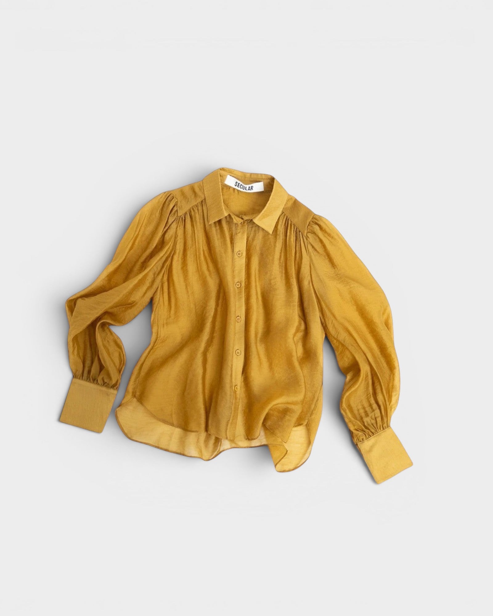 JONES + CO gold sheer button-up shirt with voluminous sleeves and a crinkled texture.
