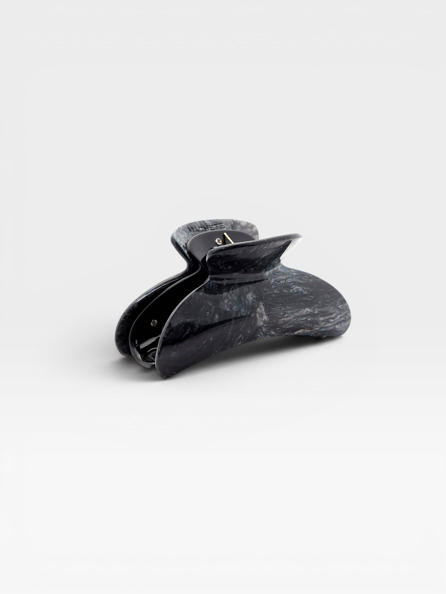 JONES + CO Grande Heirloom Claw Clip in marbled black and grey acetate, ideal for thick hair and updos.