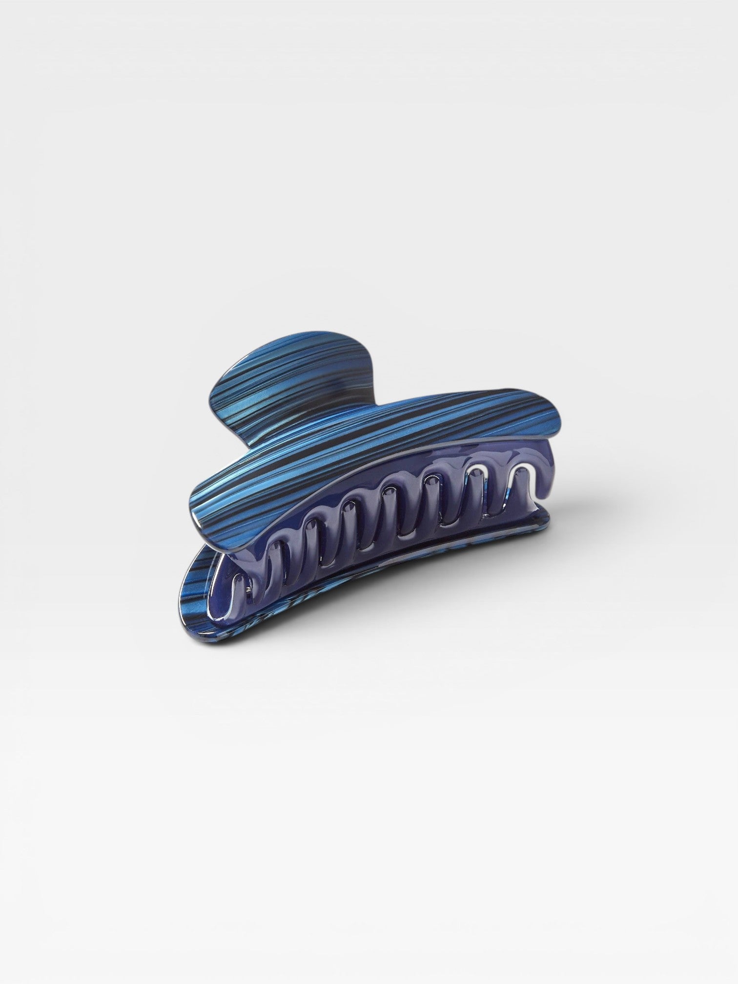 JONES + CO Grande Heirloom Claw Clip in blue with black stripes, ideal for thick hair and updos.