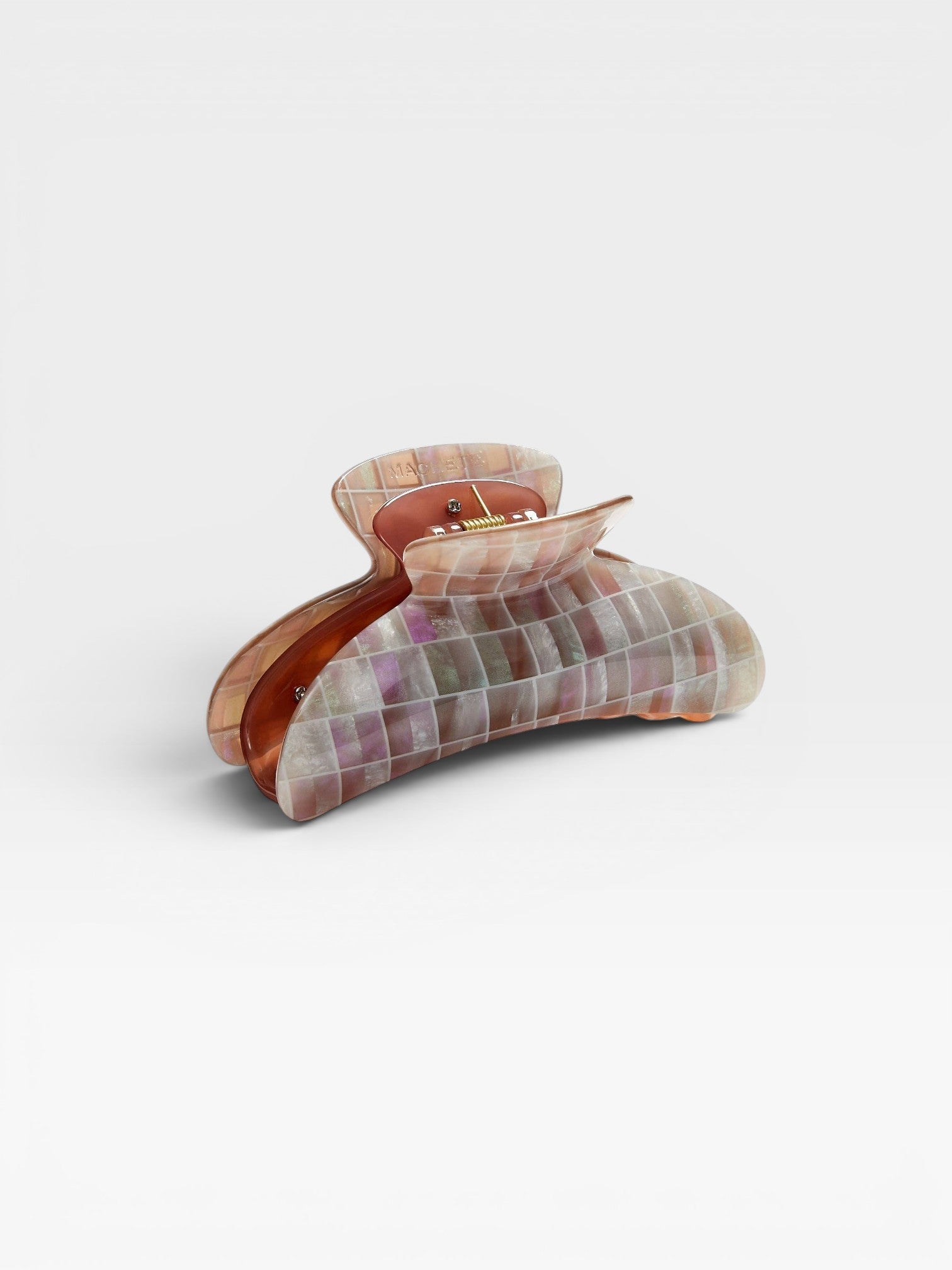 JONES + CO Grande Heirloom Claw Clip in iridescent mosaic pattern, ideal for thick hair.