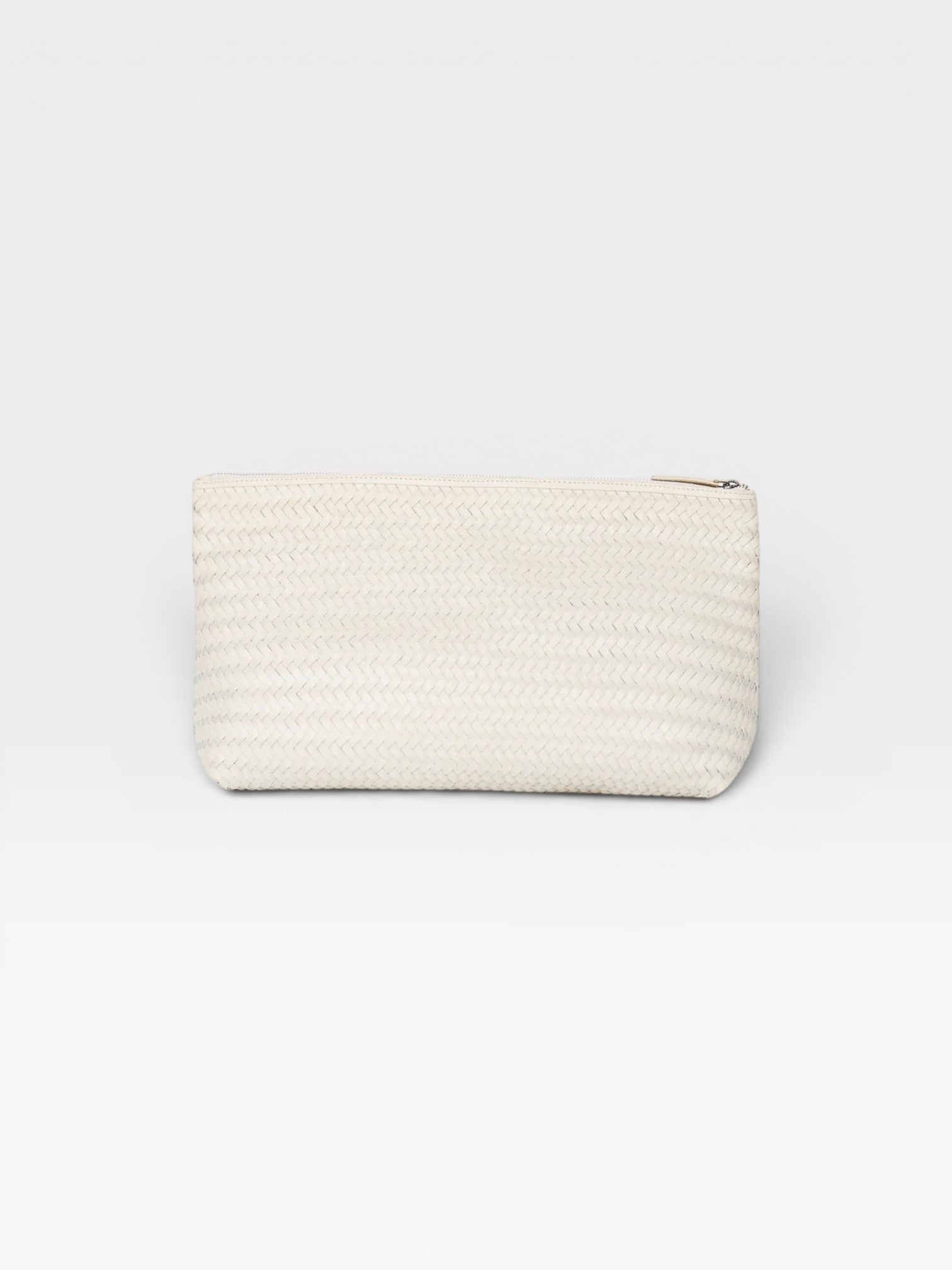 JONES + CO Grande Pouche woven leather clutch in cream, perfect for travel or as an oversized clutch.