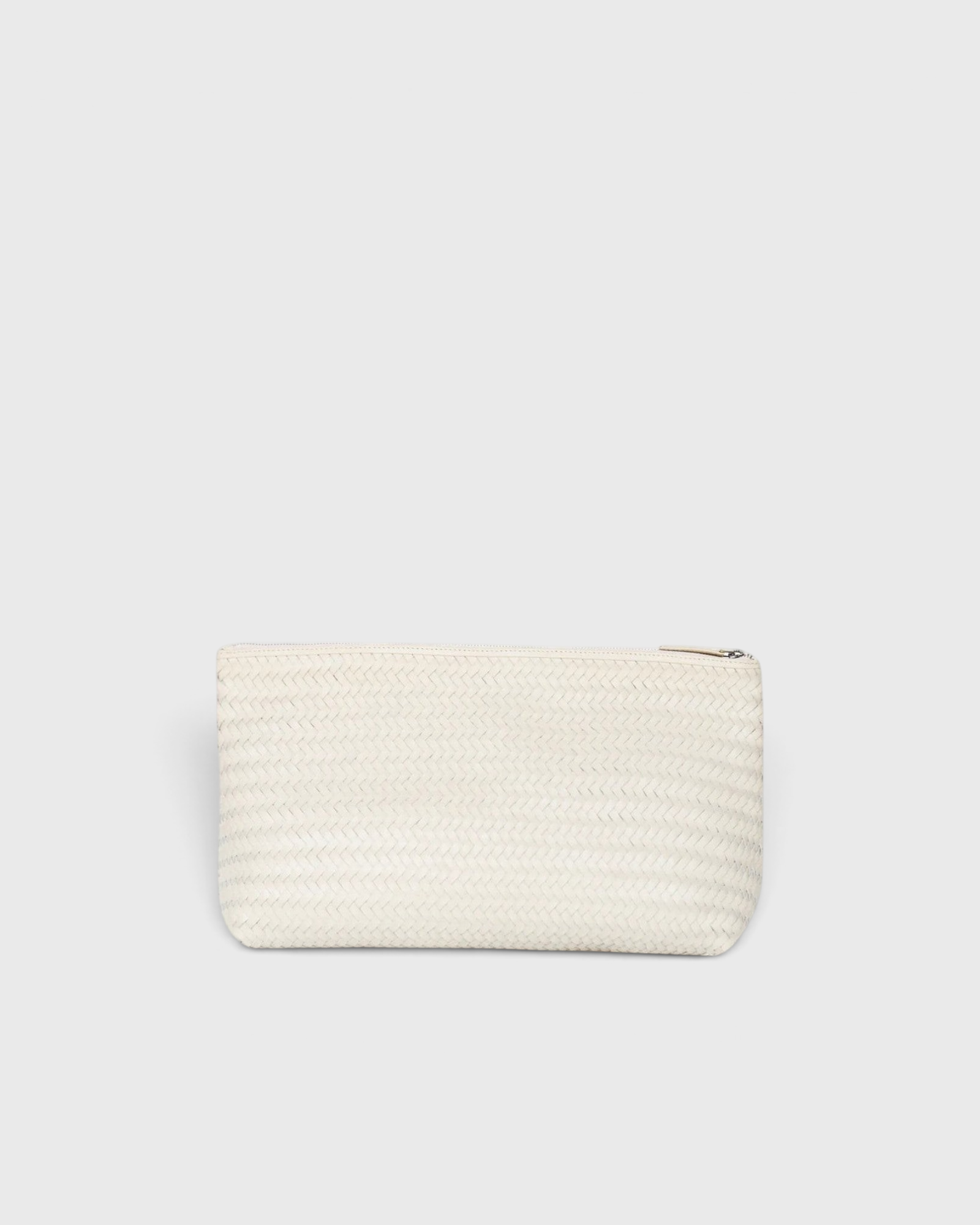 JONES + CO Grande Pouche woven leather clutch in cream, perfect for travel or as an oversized clutch.