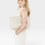 JONES + CO Grande Pouche in cream woven leather, a large zip clutch that can fit an iPad or shoes.