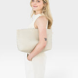 JONES + CO Grande Pouche in cream woven leather, a large zip clutch that can fit an iPad or shoes.