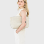 JONES + CO Grande Pouche in cream woven leather, a large zip clutch that can fit an iPad or shoes.