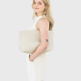JONES + CO Grande Pouche in cream woven leather, a large zip clutch that can fit an iPad or shoes.