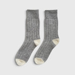 JONES + CO grey melange cashmere blend socks with wide ribbing and contrasting cream heel and toe details.
