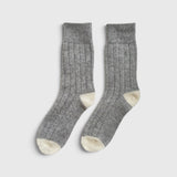 JONES + CO grey melange cashmere blend socks with wide ribbing and contrasting cream heel and toe details.