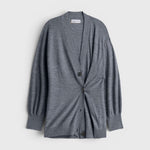 JONES + CO grey Drippy Tissue cardigan with a cinched side button detail and lightweight knit fabric.