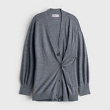 JONES + CO grey Drippy Tissue cardigan with a cinched side button detail and lightweight knit fabric.