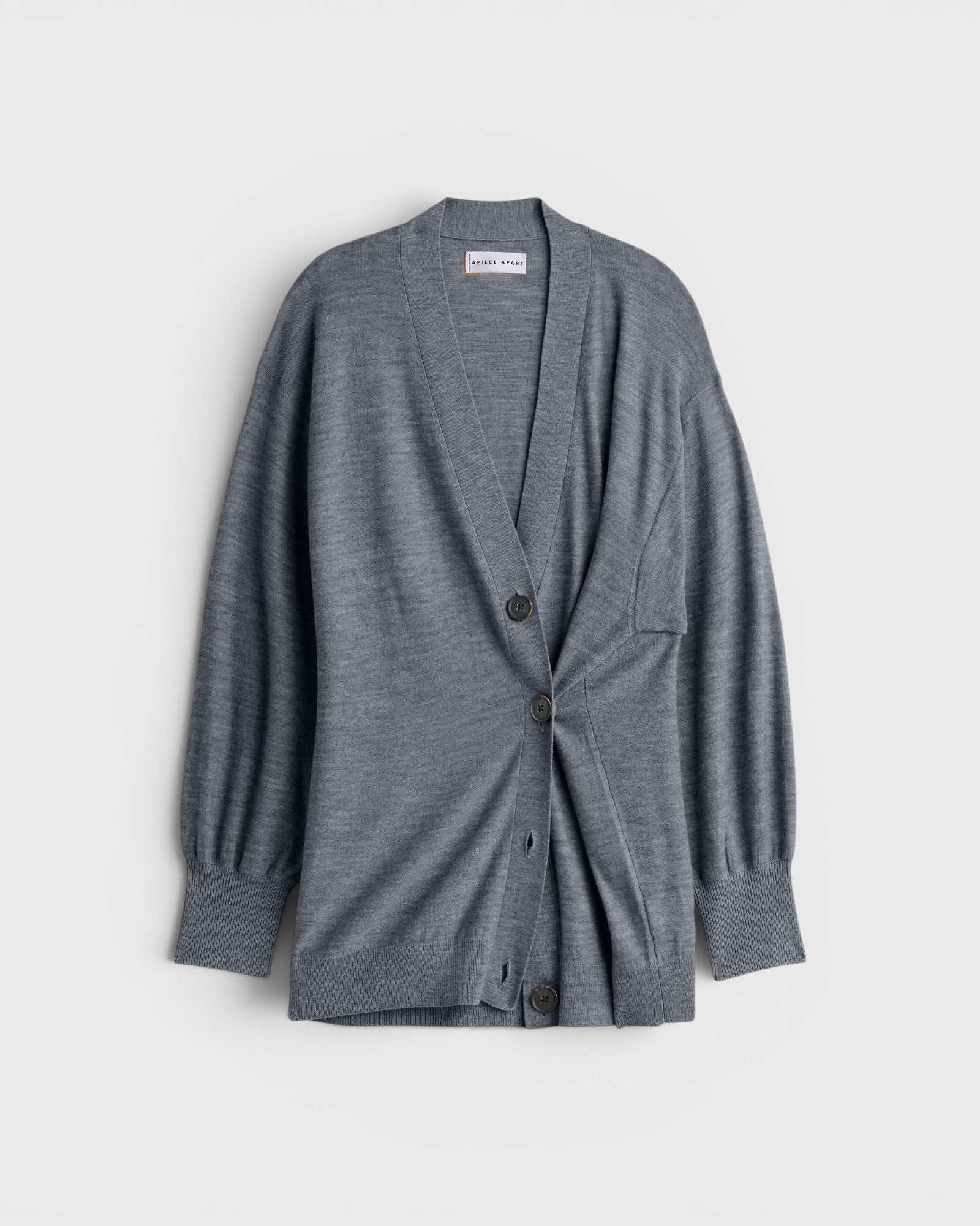 JONES + CO grey Drippy Tissue cardigan with a cinched side button detail and lightweight knit fabric.