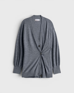 JONES + CO grey Drippy Tissue cardigan with a cinched side button detail and lightweight knit fabric.
