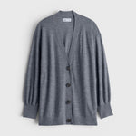 JONES + CO grey Drippy Tissue cardigan with a V-neck, button front, and cinched waist detail.