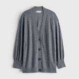 JONES + CO grey Drippy Tissue cardigan with a V-neck, button front, and cinched waist detail.