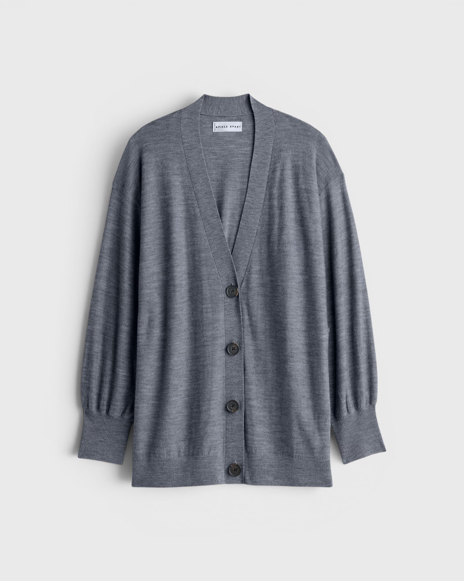 JONES + CO grey Drippy Tissue cardigan with a V-neck, button front, and cinched waist detail.
