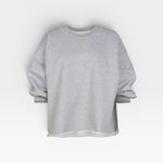 JONES + CO grey Rachel Comey Fond crewneck sweatshirt with drop shoulders, cropped sleeves, and raw edge hemline.