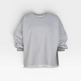 JONES + CO grey Rachel Comey Fond crewneck sweatshirt with drop shoulders, cropped sleeves, and raw edge hemline.