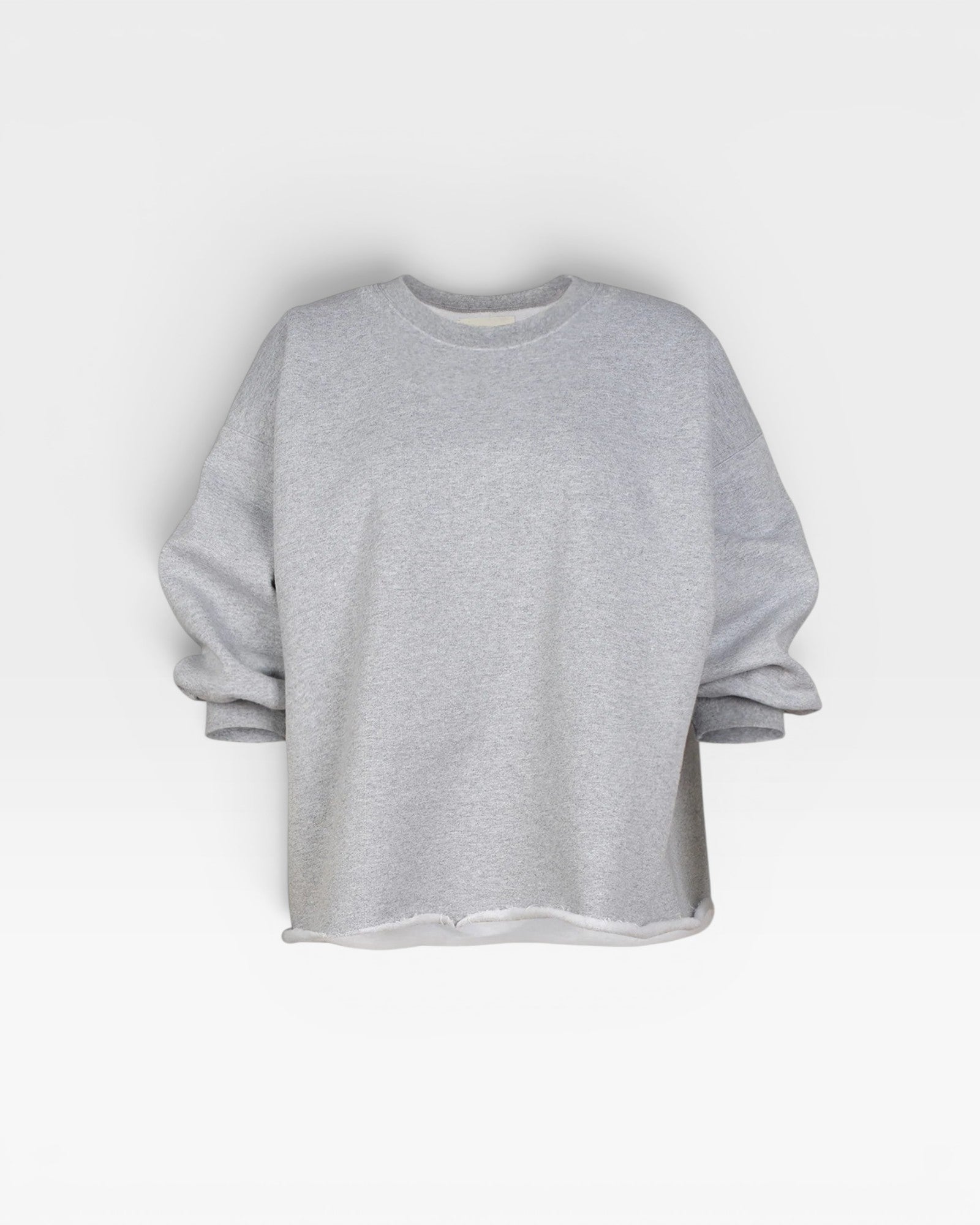 JONES + CO grey Rachel Comey Fond crewneck sweatshirt with drop shoulders, cropped sleeves, and raw edge hemline.