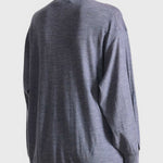 JONES + CO grey lightweight tissue cardigan worn by a model, back view showing long sleeves and relaxed fit