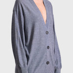JONES + CO grey lightweight tissue cardigan with a deep V-neck and button-front closure worn by a model