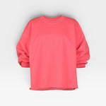 JONES + CO Fond crewneck sweatshirt in guava pink with drop shoulders, cropped sleeves, and a raw edge hemline.