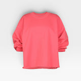 JONES + CO Fond crewneck sweatshirt in guava pink with drop shoulders, cropped sleeves, and a raw edge hemline.