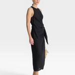JONES + CO Gustava Wrap Midi dress in black linen with a flattering wrap skirt and tie detail.
