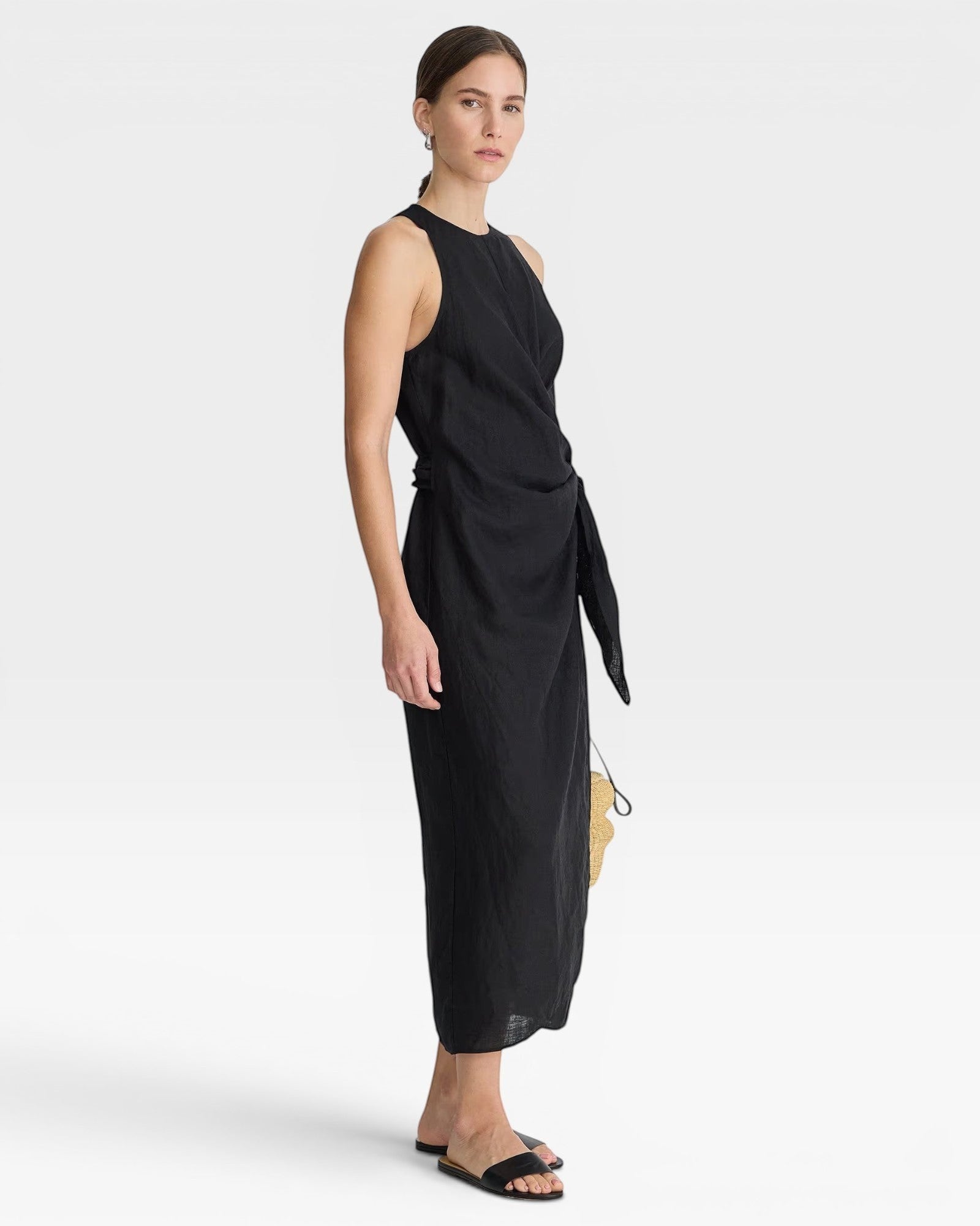 JONES + CO Gustava Wrap Midi dress in black linen with a flattering wrap skirt and tie detail.