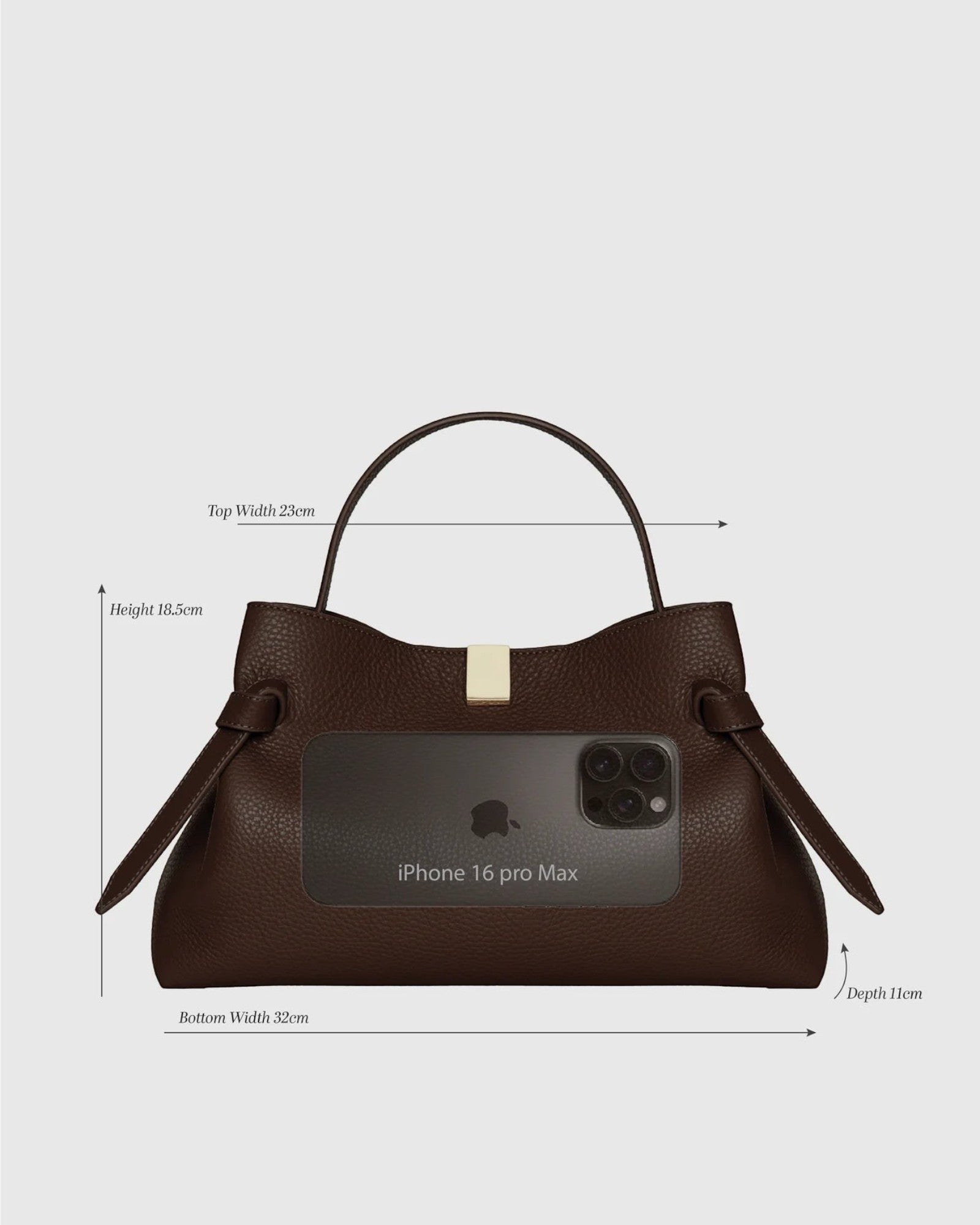 JONES + CO Gyoza Mini handbag in sierra brown embossed Italian leather with gold-tone hardware and top handle.