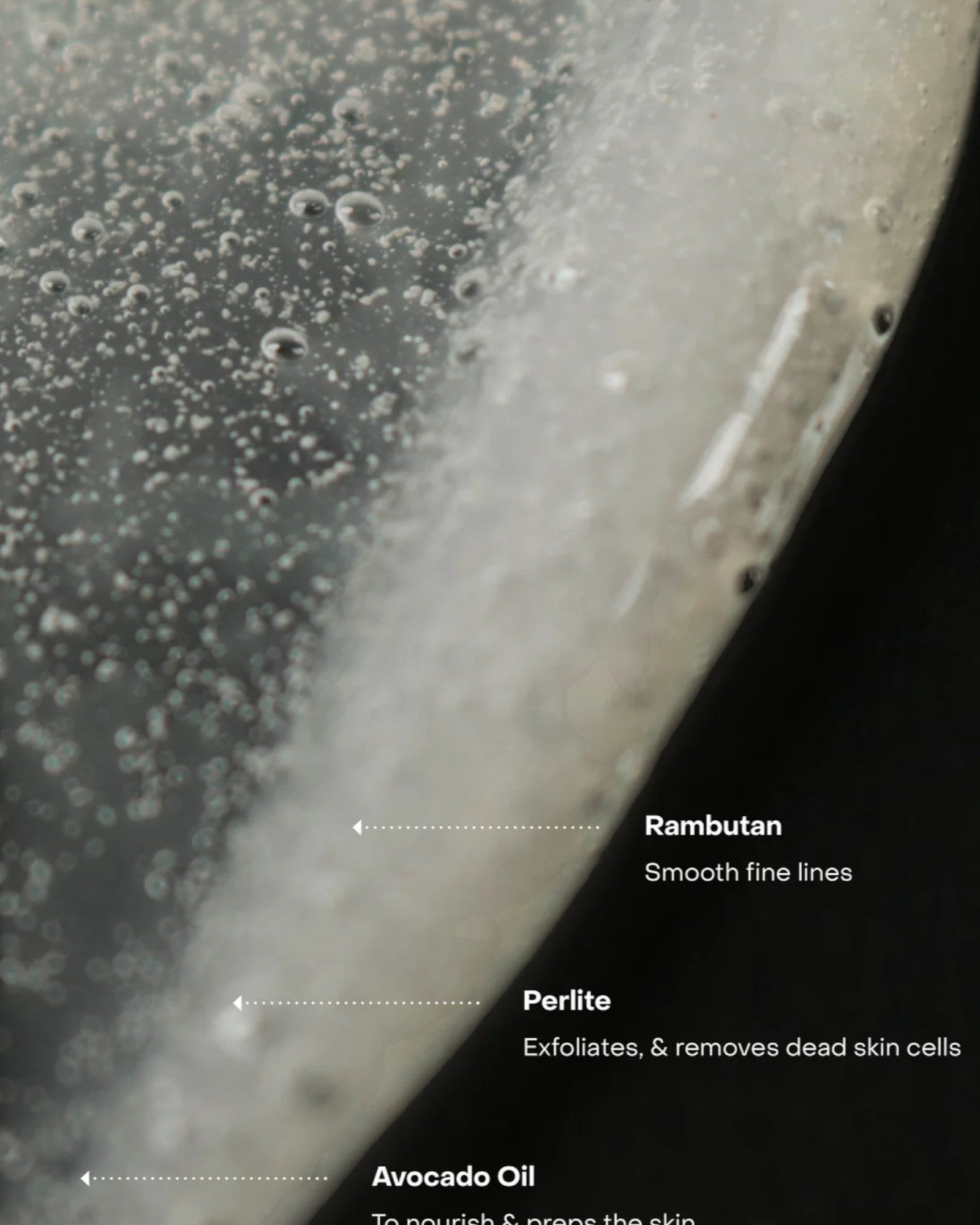 JONES + CO The Hand Exfoliant with rambutan and perlite for smooth, rejuvenated hands. Clear gel with bubbles.