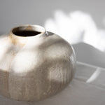 JONES + CO handthrown ceramic vase with a speckled beige glaze and organic round shape on a white surface.