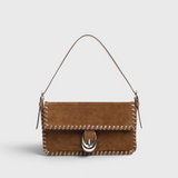 JONES + CO Harlow shoulder bag in cigar brown suede with leather whipstitch trim and a silver front buckle.