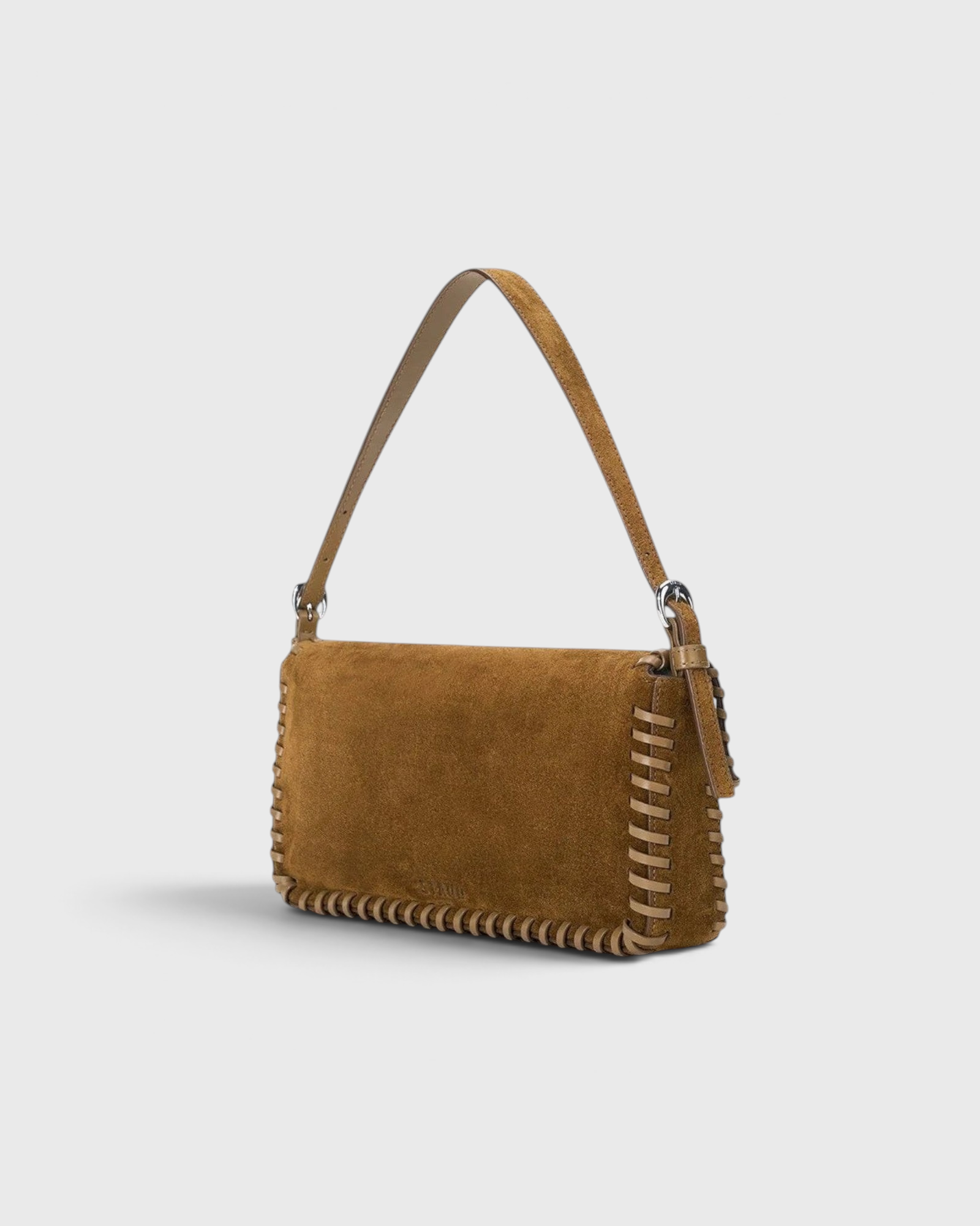 JONES + CO Harlow shoulder bag in cigar brown suede with leather whipstitch detailing and a silver buckle.