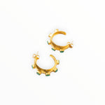 JONES + CO Havana Glow hoop earrings featuring raw Colombian emeralds set in 24K gold-plated brass.