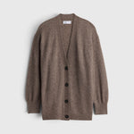 JONES + CO hazelnut cashmere-silk V-neck cardigan with drop shoulders and button-front closure.