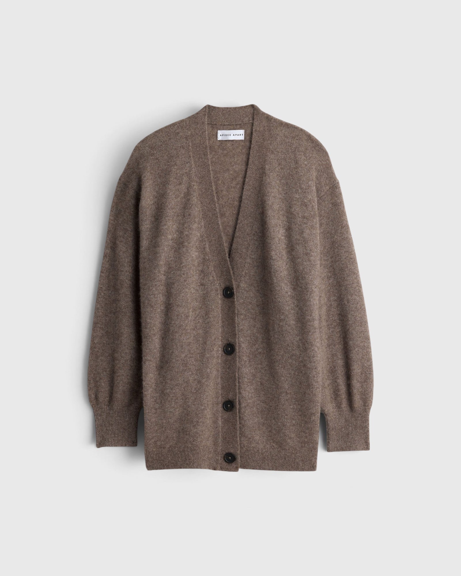 JONES + CO hazelnut cashmere-silk V-neck cardigan with drop shoulders and button-front closure.
