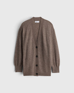 JONES + CO hazelnut cashmere-silk V-neck cardigan with drop shoulders and button-front closure.