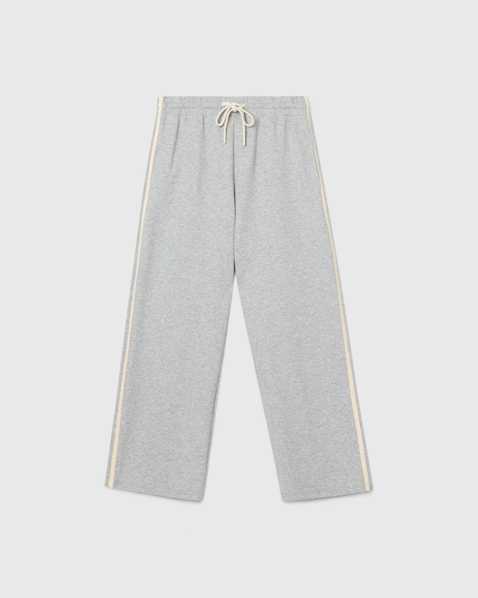 JONES + CO Claud relaxed heather grey cotton fleece track pants with ivory drawstring and side stripe detail