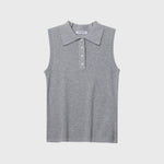 JONES + CO heather grey pointelle knit sleeveless polo tank top with a ribbed hem and button placket.