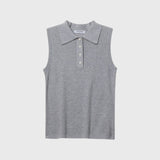 JONES + CO heather grey pointelle knit sleeveless polo tank top with a ribbed hem and button placket.