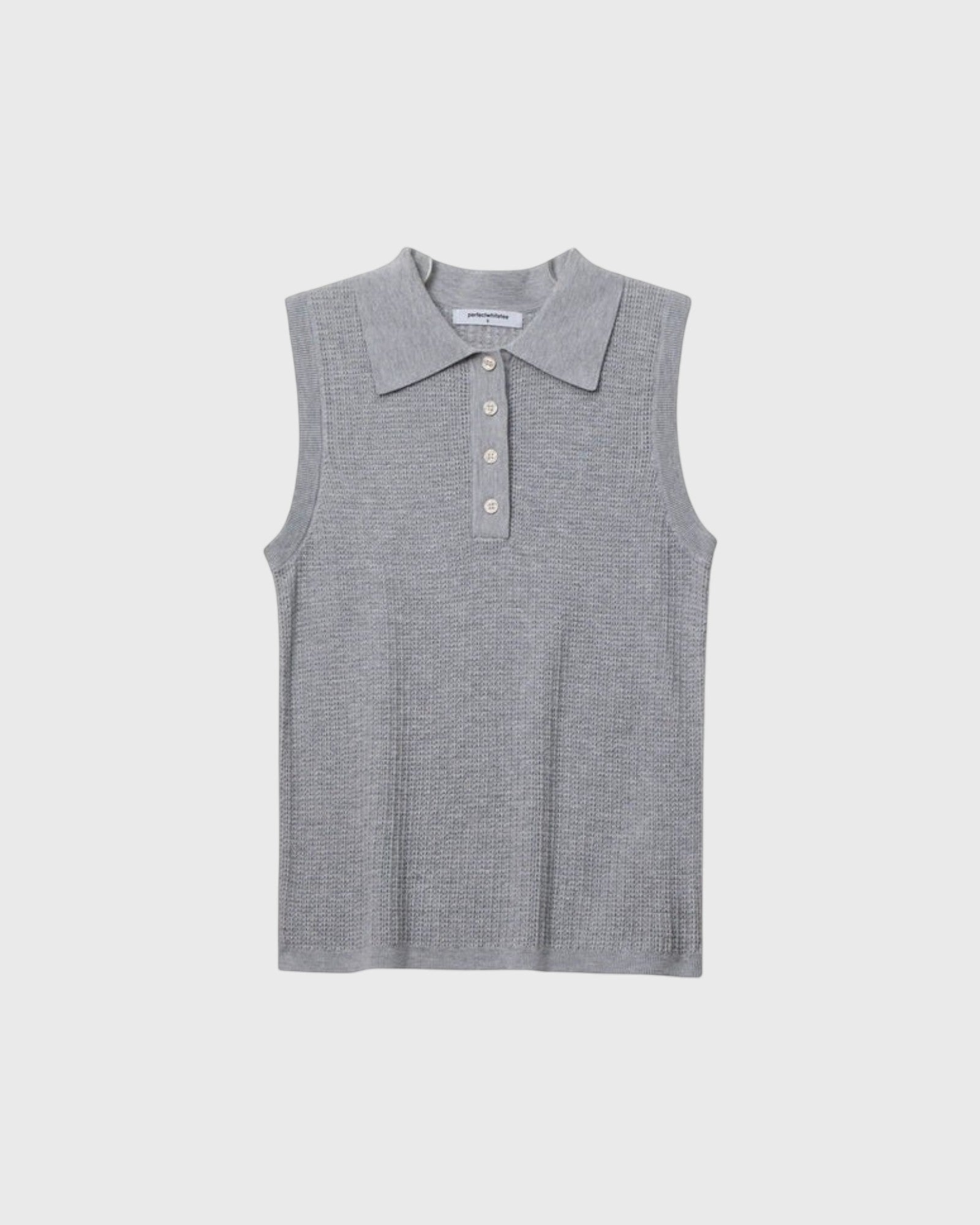 JONES + CO heather grey pointelle knit sleeveless polo tank top with a ribbed hem and button placket.