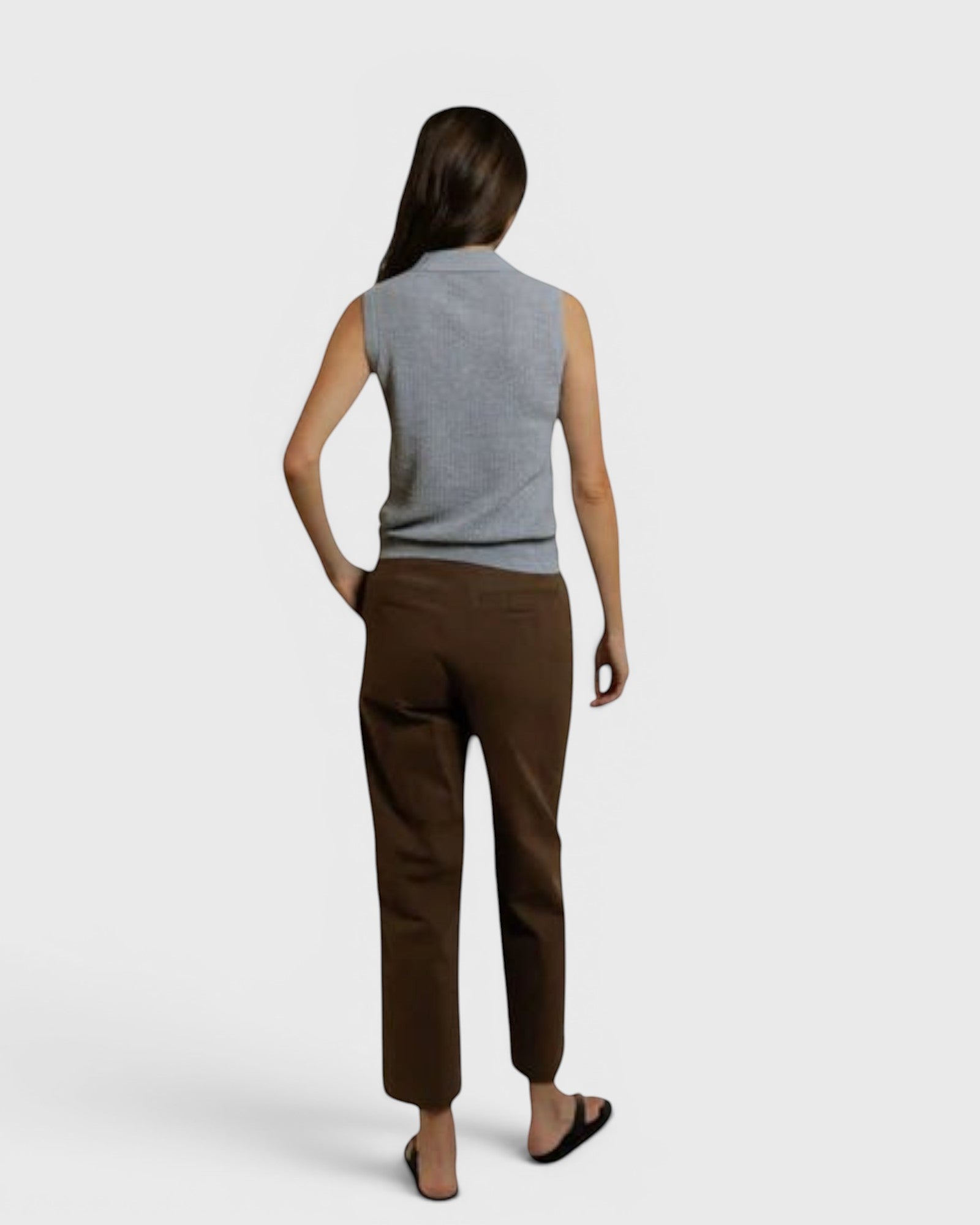 JONES + CO Fran polo tank in heather grey pointelle knit with a sleeveless cut and ribbed hem, back view.