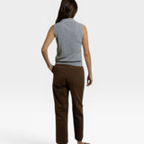 JONES + CO heather grey sleeveless pointelle knit polo tank with ribbed hem worn by a woman.