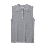 JONES + CO heather grey sleeveless polo sweater with pointelle knit and ribbed hem.