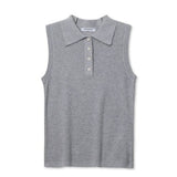 JONES + CO heather grey sleeveless polo sweater with pointelle knit and ribbed hem.