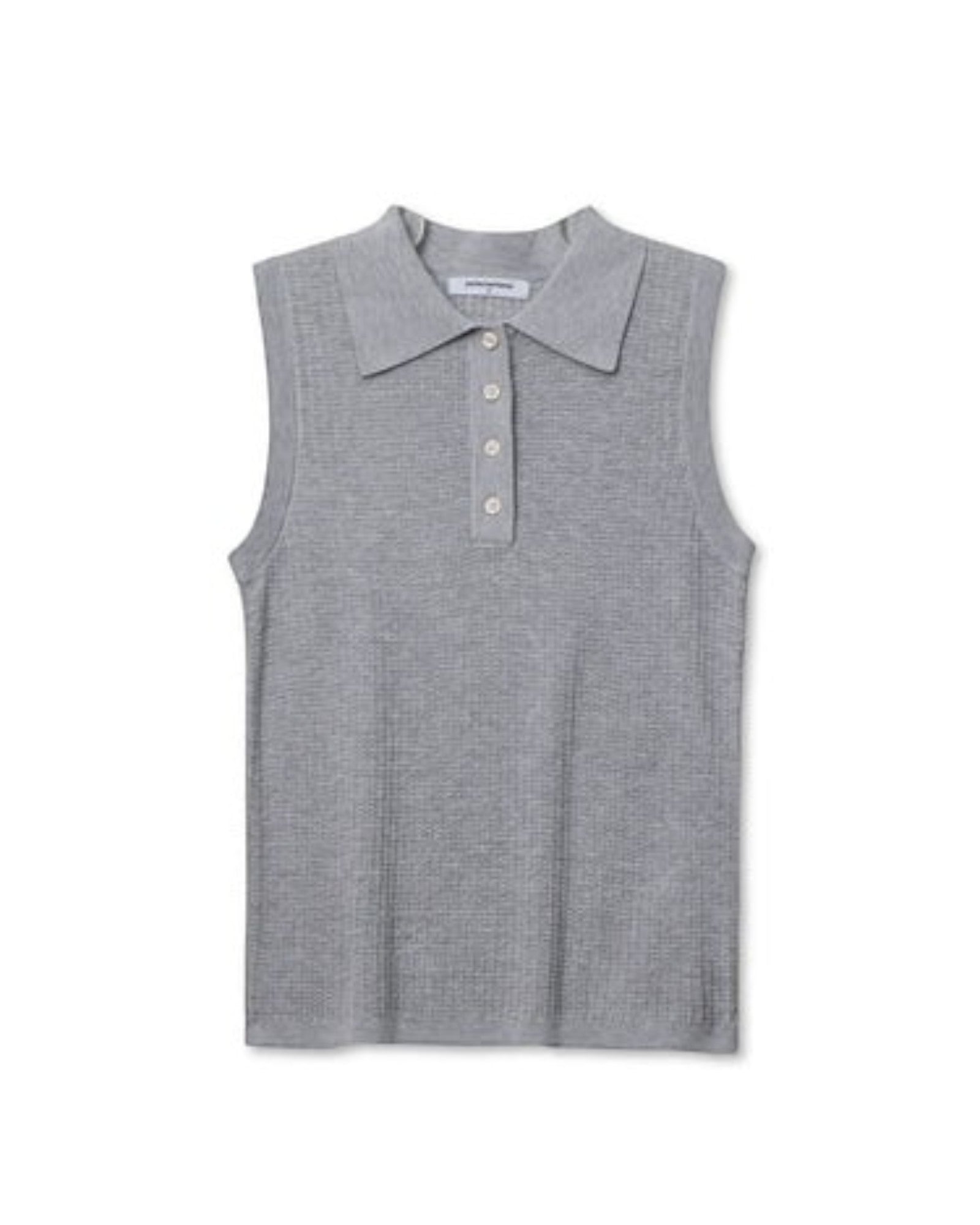 JONES + CO heather grey sleeveless polo sweater with pointelle knit and ribbed hem.