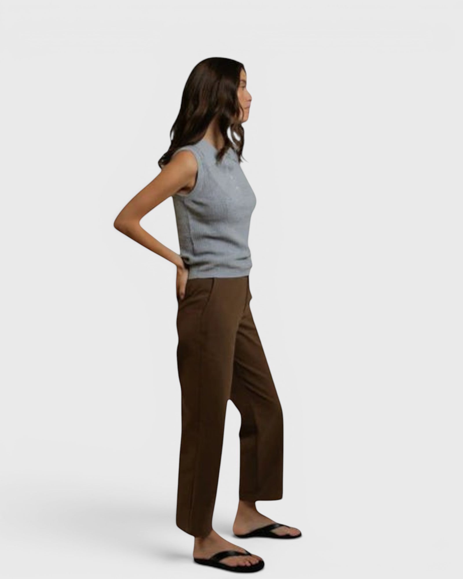 JONES + CO Fran polo tank in heather grey pointelle knit with a sleeveless cut and ribbed hem worn by a model