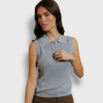 JONES + CO Fran polo tank in heather grey pointelle knit with a collar and ribbed hem worn by a model