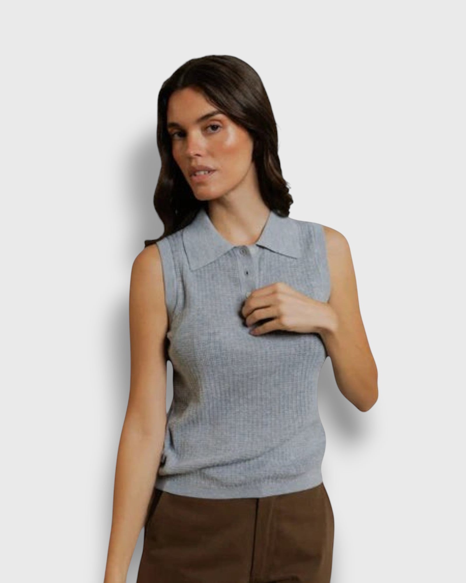 JONES + CO Fran polo tank in heather grey pointelle knit with a collar and ribbed hem worn by a model